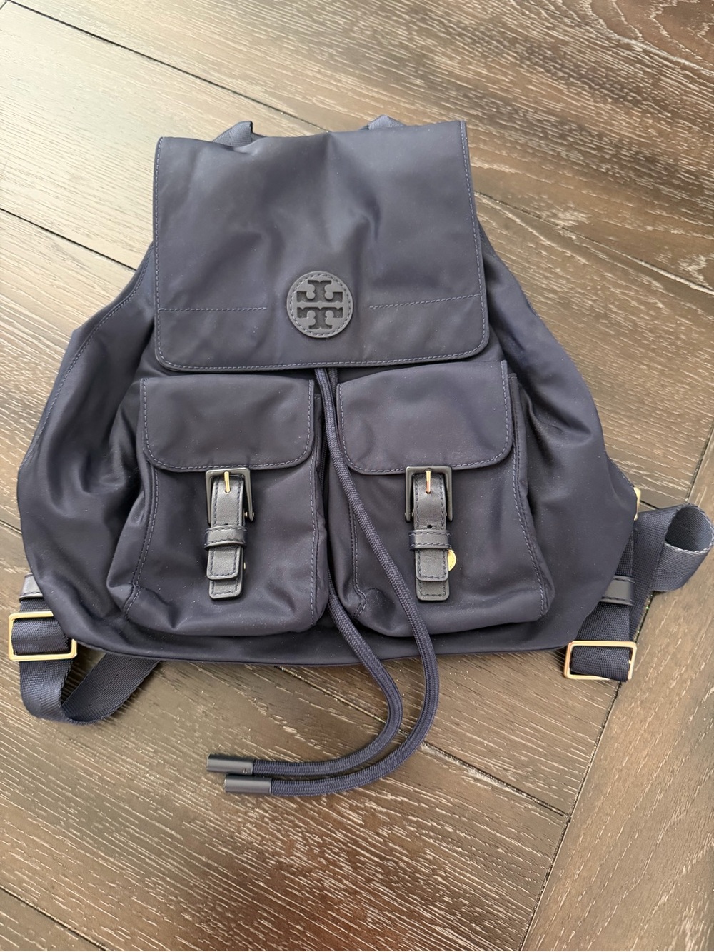 Tory Burch Navy Logo Nylon Drawstring Backpack Purse